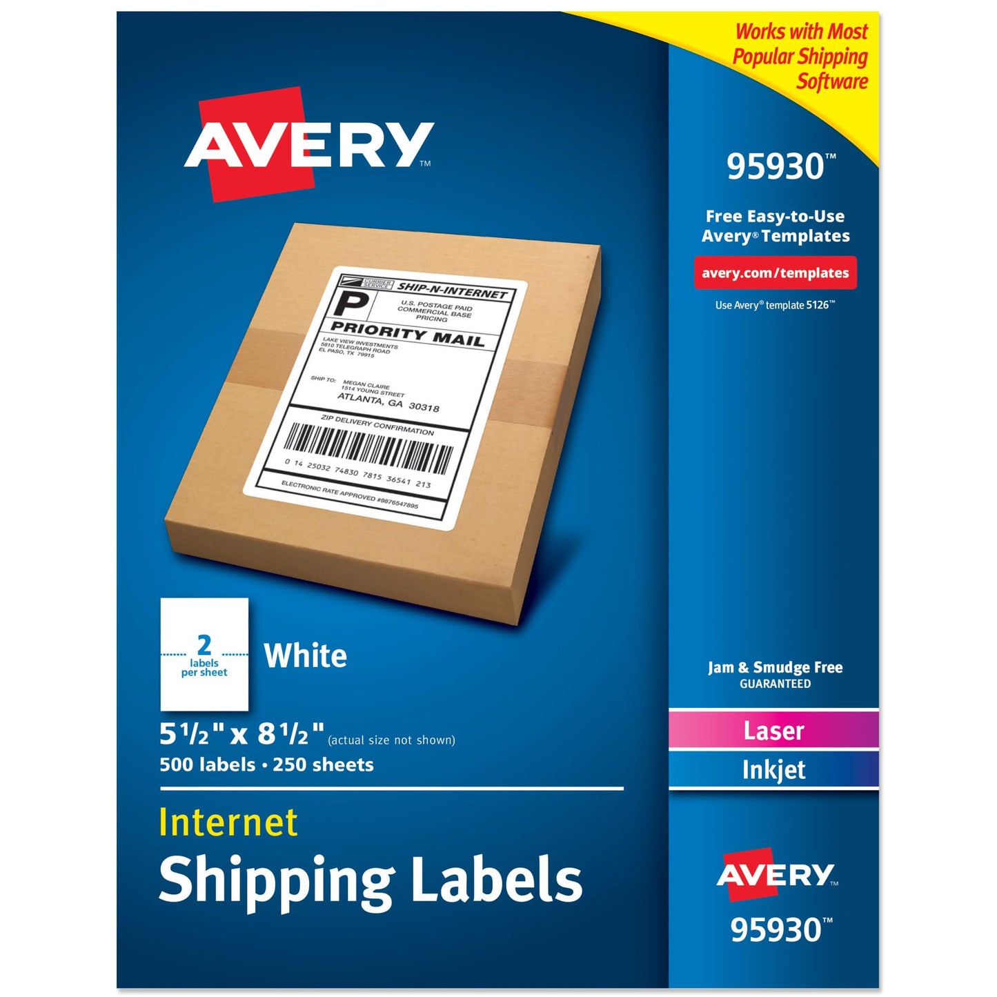 Avery Half Sheet Printable Shipping Labels, 5.5" x 8.5", White, 500 Blank Mailing Labels, Great for Packages, Product Merchandising, Organization, and More (95930)