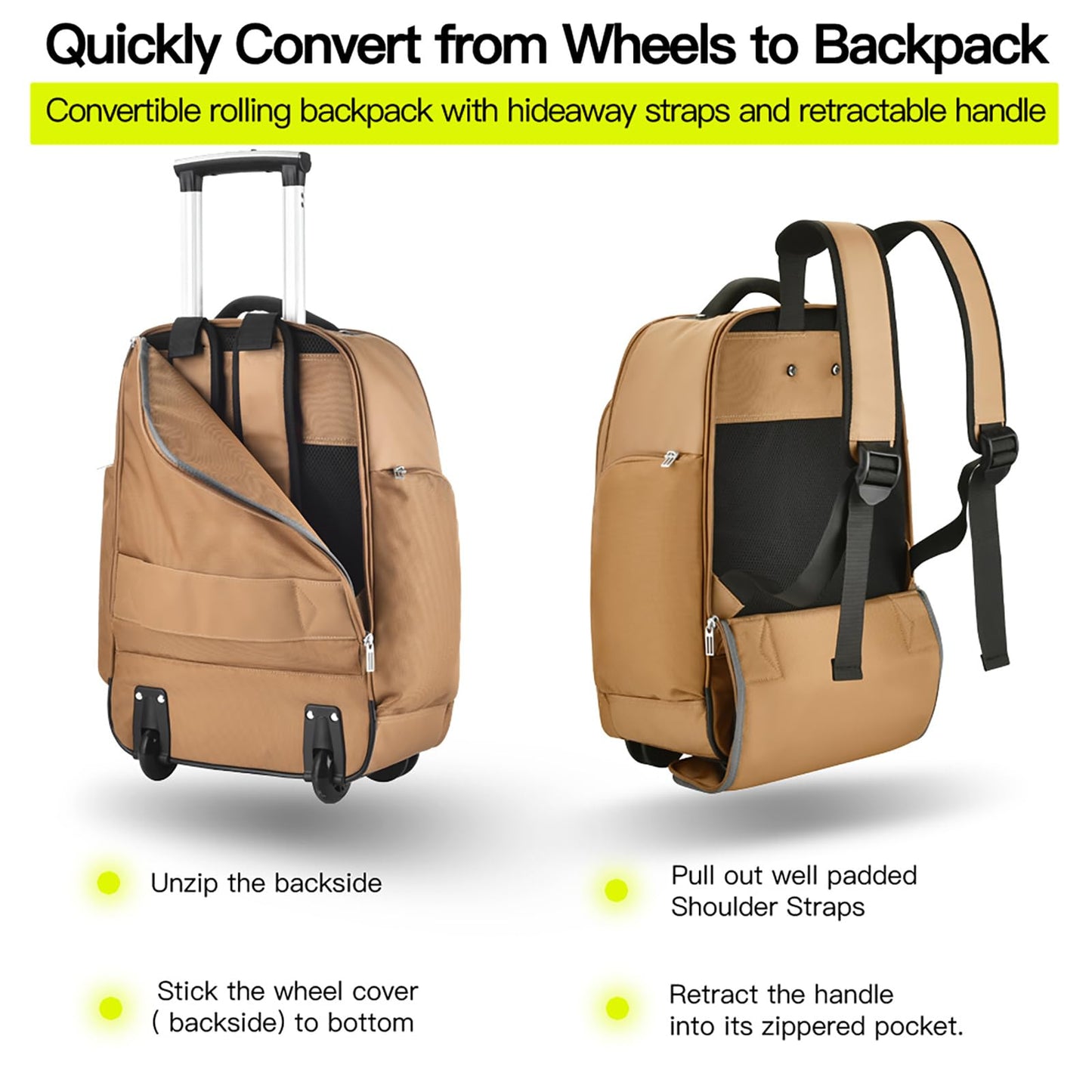 Rolling Laptop Bag with Wheels, Adjustable 13-17.3 Inch Computer Travel Backpack for Men & Women, Wheeled Work Bag, Carry-on Luggage