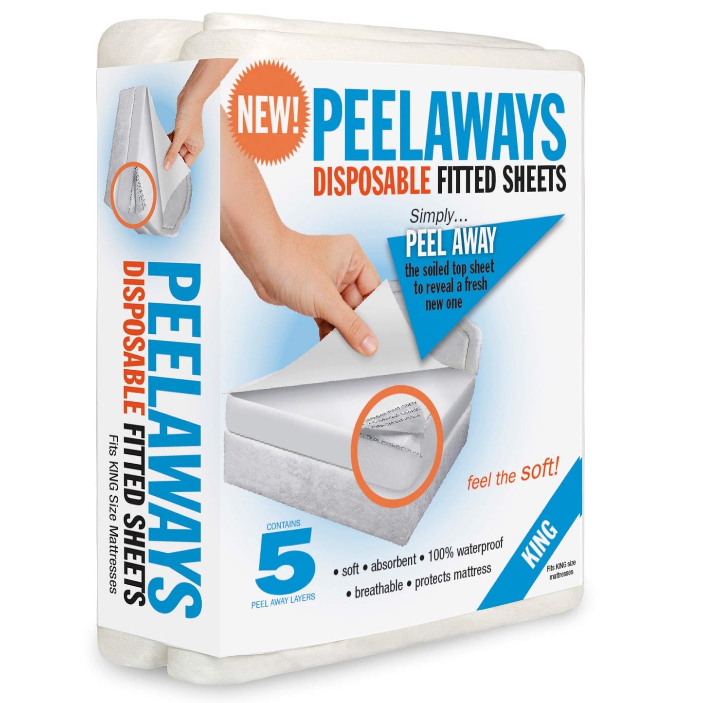 PEELAWAYS Disposable Fitted Bed Sheets Mattress Pad Protector – 100% Waterproof Designed Especially for Incontinence – Luxuriously Soft – Change in Under 60 Seconds (King - 5 Layer)