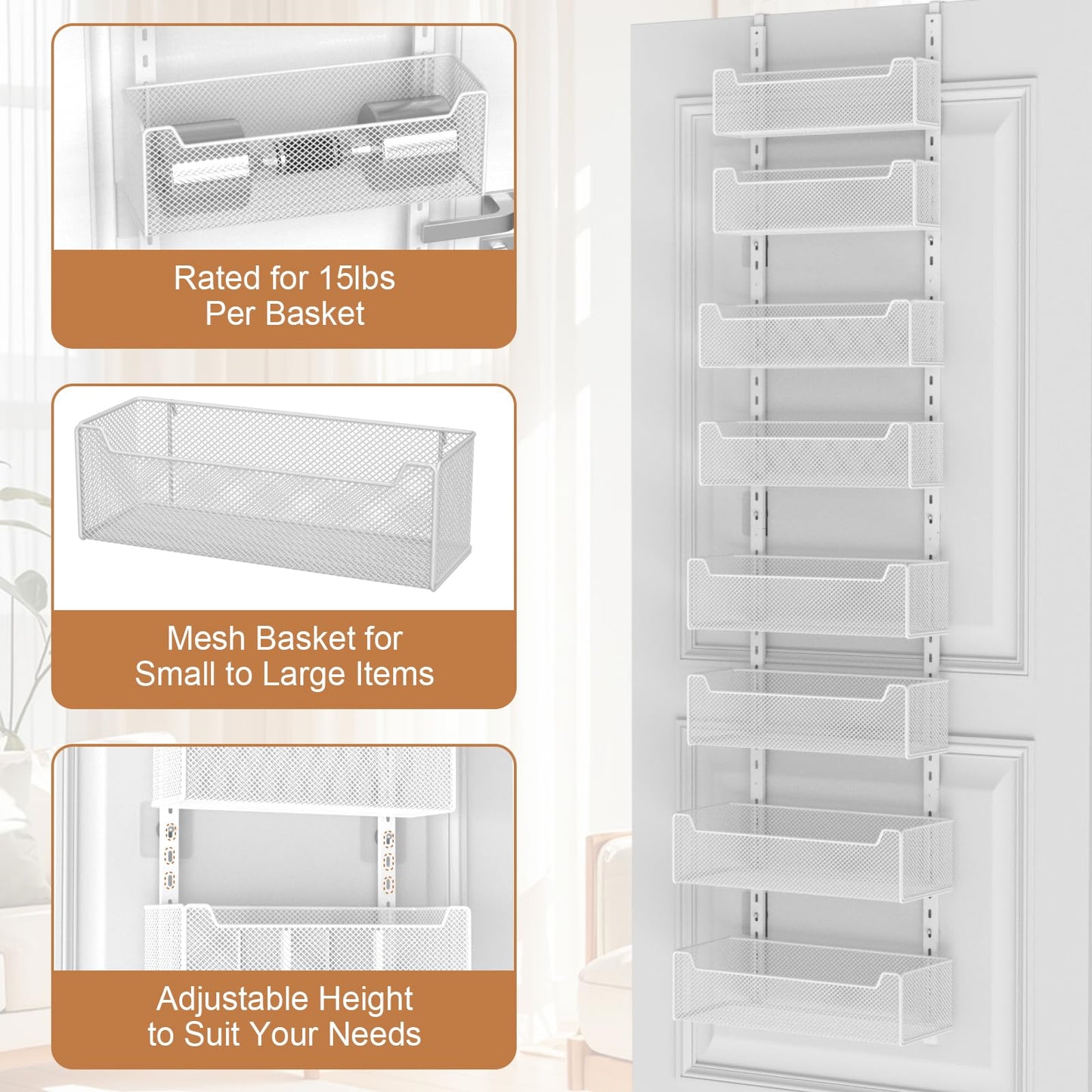 VyGrow Over The Door Organizer, 8-tier Metal Door Organizer Hanging with Adjustable Baskets, Behind The Door Storage for Bedroom Closet Bathroom Pantry Cabinet Kitchen, White