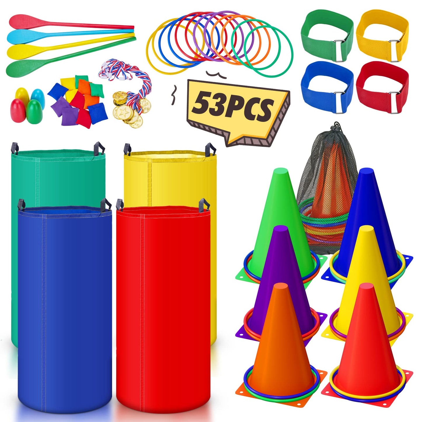 53PCS Outdoor Lawn Carnival Games Bean Bags Ring Toss Set Potato Sack Race Bags Egg and Spoon Race Party for Kid Adult Family，Birthday Party Family Reunion Outside Field Day Easter Games