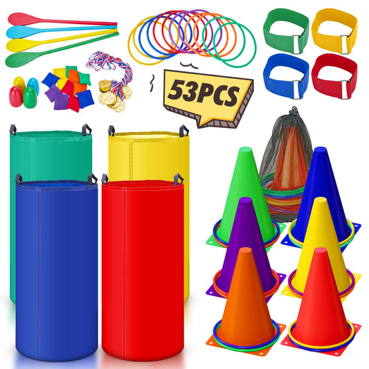 53PCS Outdoor Lawn Carnival Games Bean Bags Ring Toss Set Potato Sack Race Bags Egg and Spoon Race Party for Kid Adult Family，Birthday Party Family Reunion Outside Field Day Easter Games