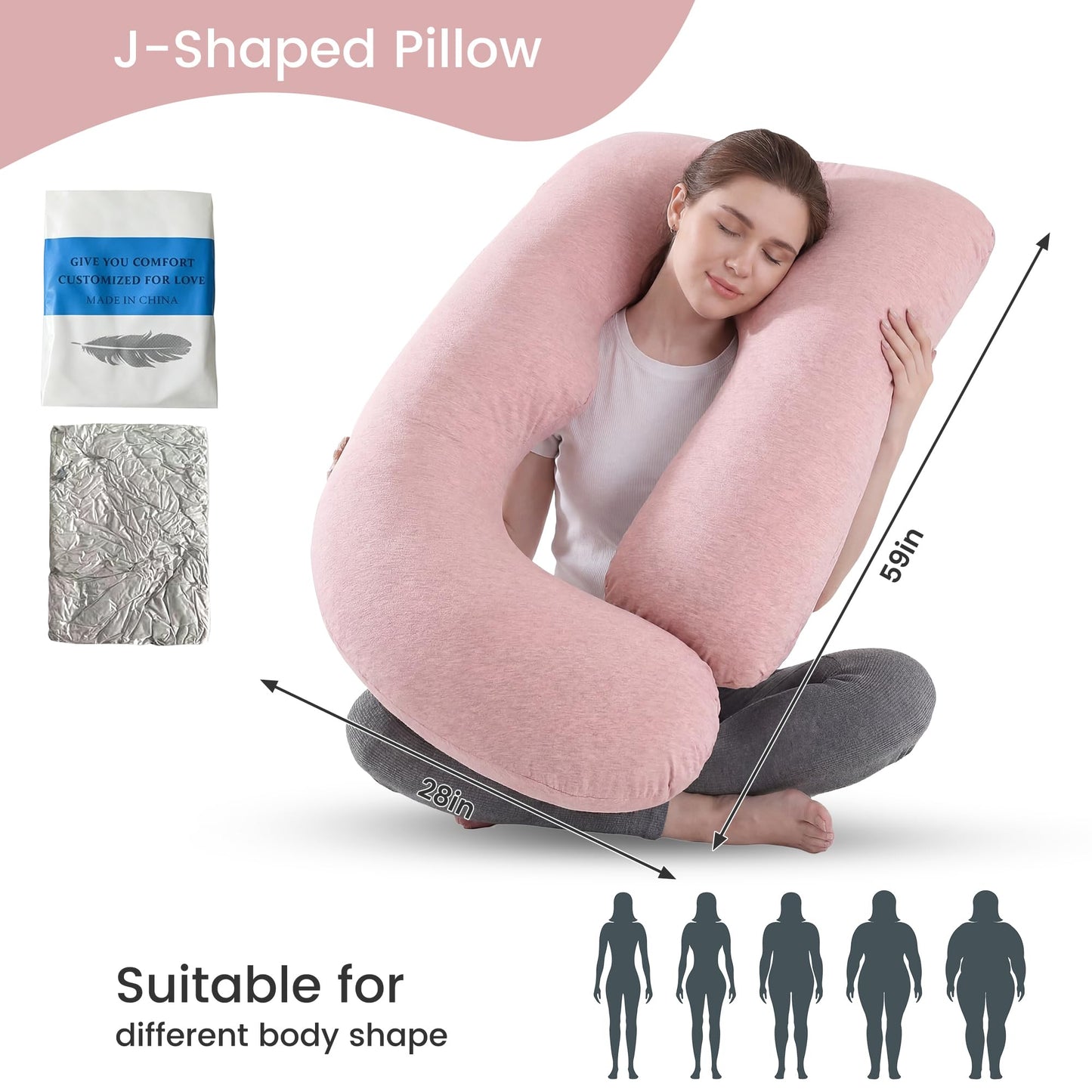Jcickt Pregnancy Pillow for Sleeping,59 inch Maternity Pillow with Removable Washable Cover,J-Shaped Cooling Full Body Pregnant Pillow -Support for Backs,Legs, Belly, HIPS, Improve Sleep-Pink