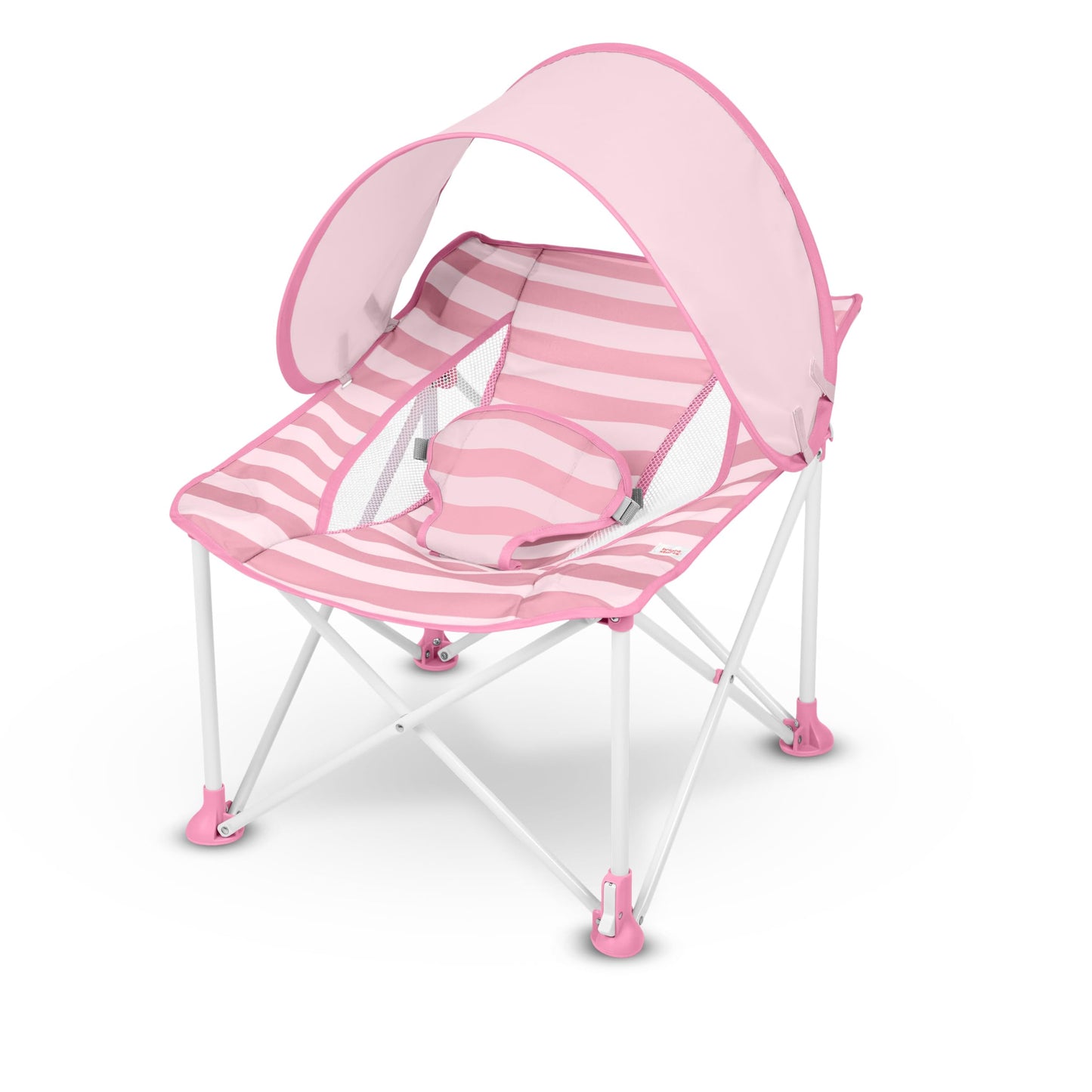 Bright Starts Pop ’N Chill Baby Chair Travel Seat, Indoor/Outdoor Use, Portable Infant Seat with Removable UPF 50+ Canopy, Pink, 0-6 Months