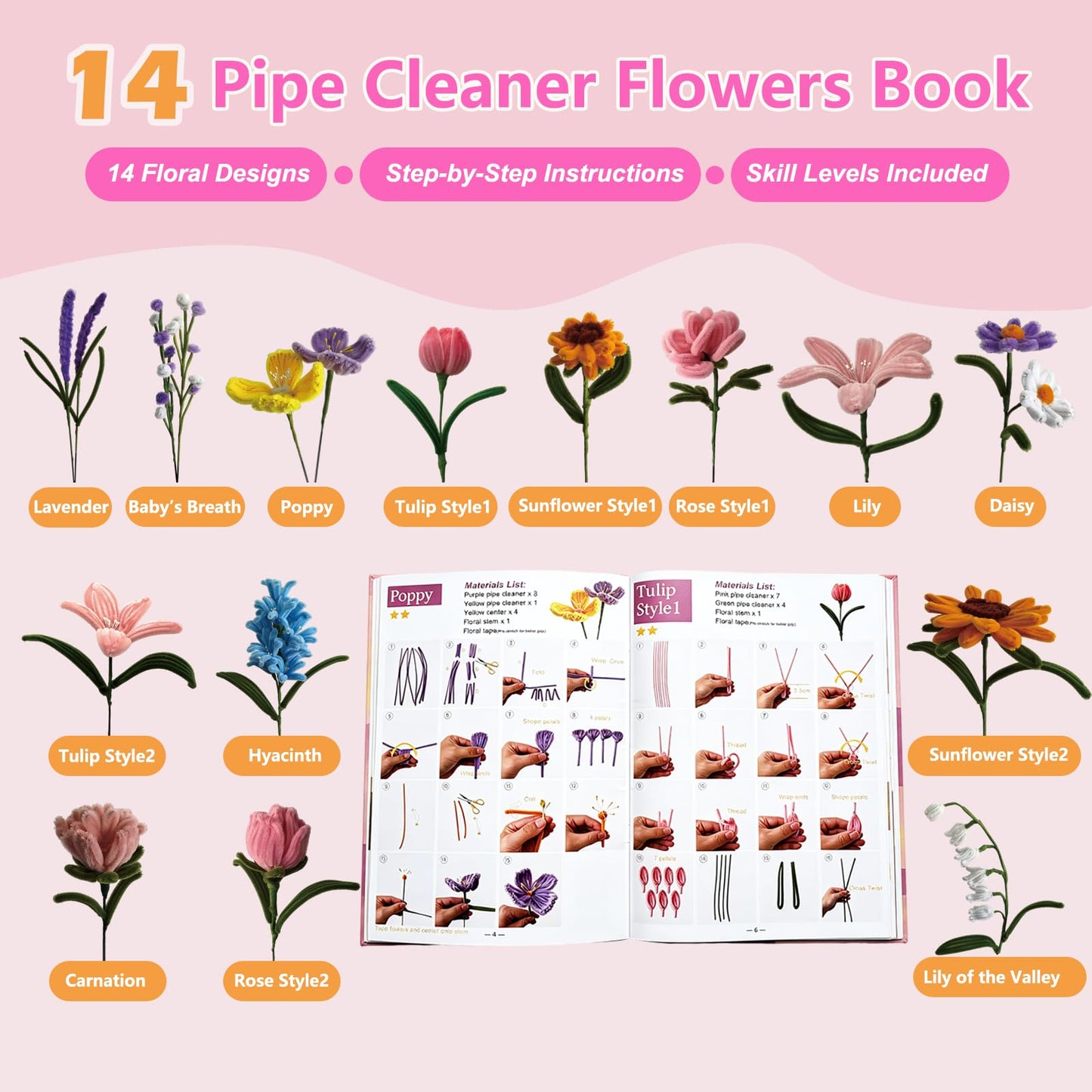 ShooBoo Pipe Cleaner Flower Kit, 700 PCS Pipe Cleaners Craft with 14 Flower Designs Step-by-Step Instruction Guide, 14 Colors Chenille Stems Flower Making Kit with Floral Stems,DIY Craft Supplies