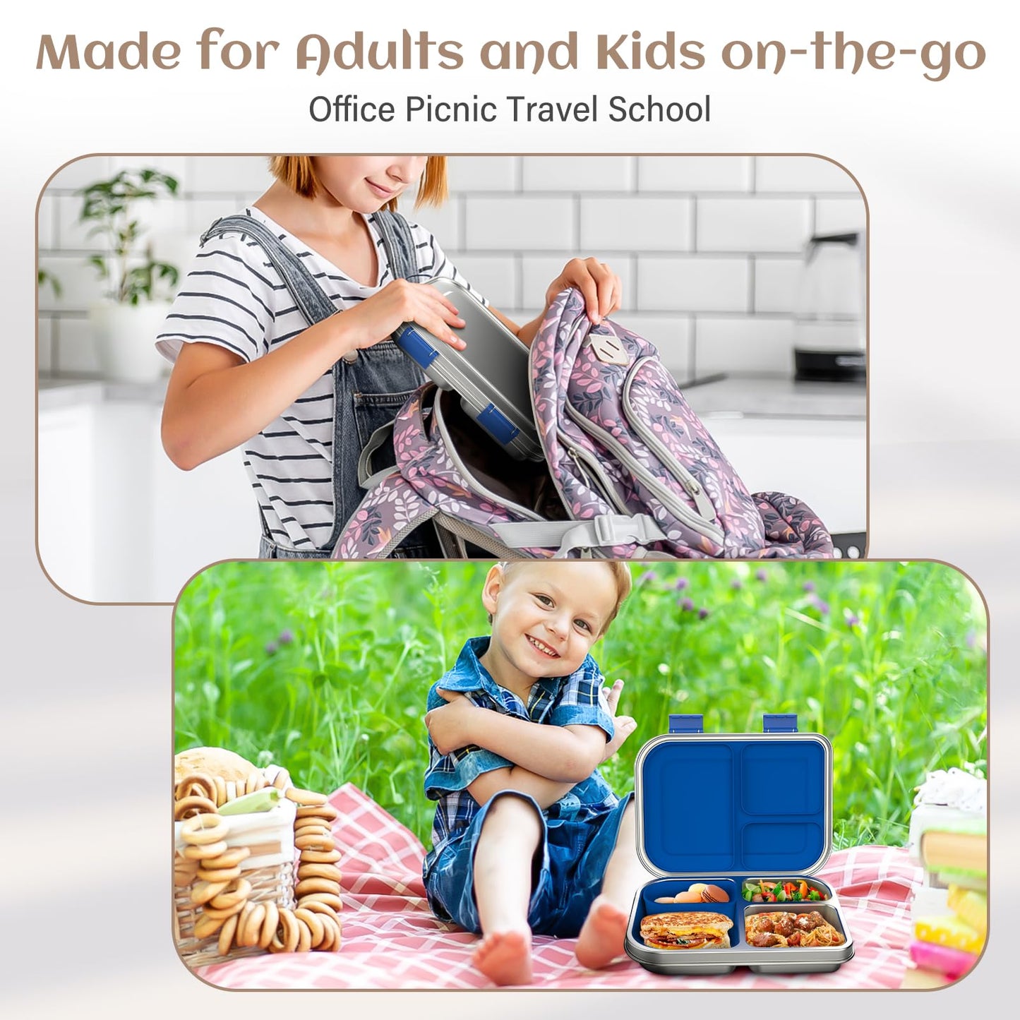 BABHAMNESS Stainless Steel Bento Box Kids, 3 Compartments Leak Proof Metal Bento Lunch Box, 304 Stainless Steel Bento Lunch Containers for School and Office,Dishwasher Safe, BPA-Free-Blue
