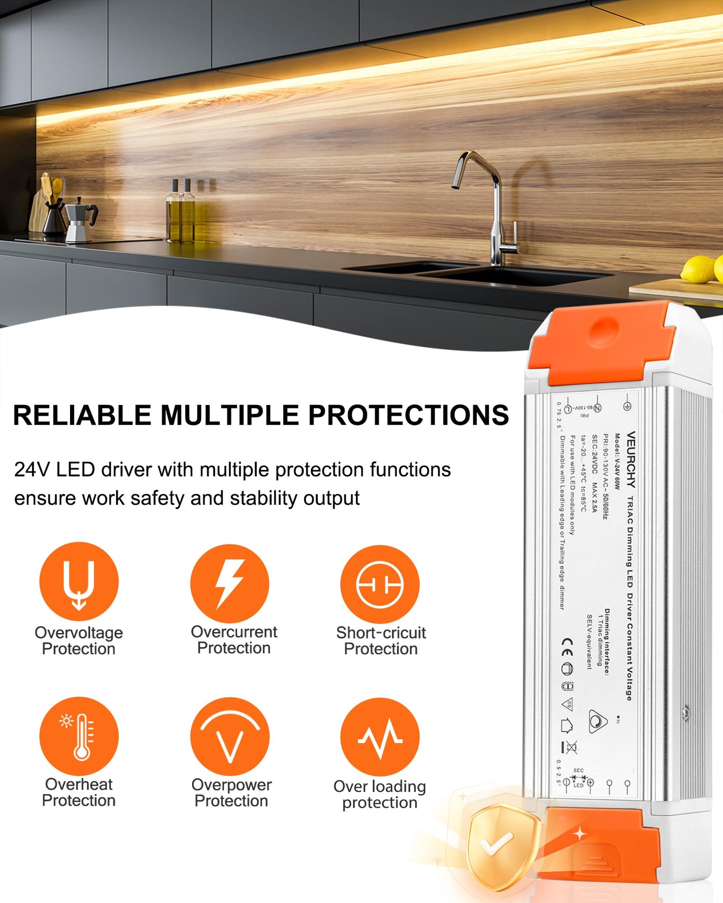 VEURCHY 24V Dimmable LED Driver, 60 Watt Dimmable LED Power Supply AC 120V to DC 24V Compatible with Lutron & Leviton Dimmer Switches, 24 Volt Led Transformer 60W for Strip Lights Smooth Dimming