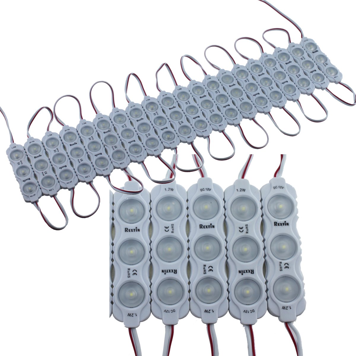 REXTiN Super Bright 200pcs New Model 2835 3 LED Module 120-150LM Per Module Waterproof Decorative Light for Letter Sign Advertising Signs with Tape Adhesive Backside (White)