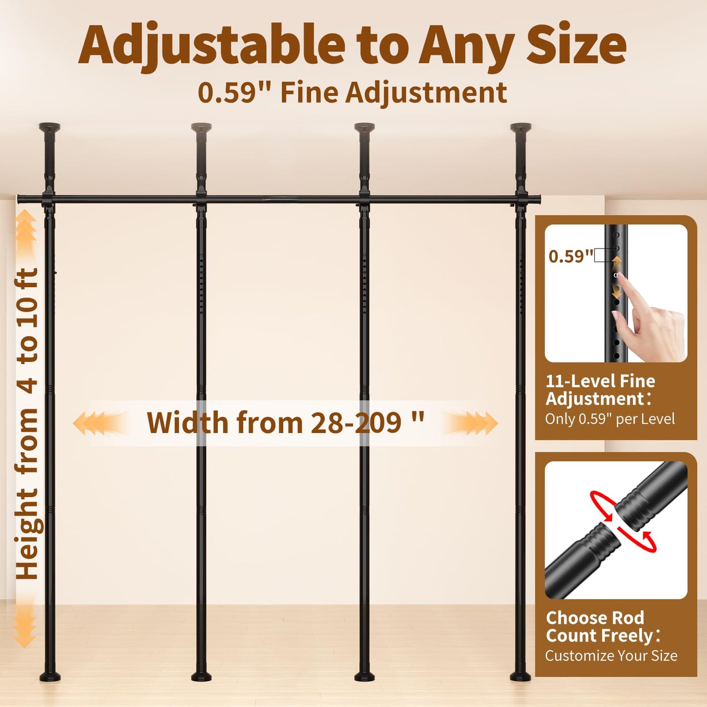 Room Divider for Room Separation,4-10ft(H) 28-209inch(W) Adjustable Temporary Privacy Wall Divider, Tension Curtain Rods No Drilling, Heavy Duty Partition Space Separator Freestanding,Black