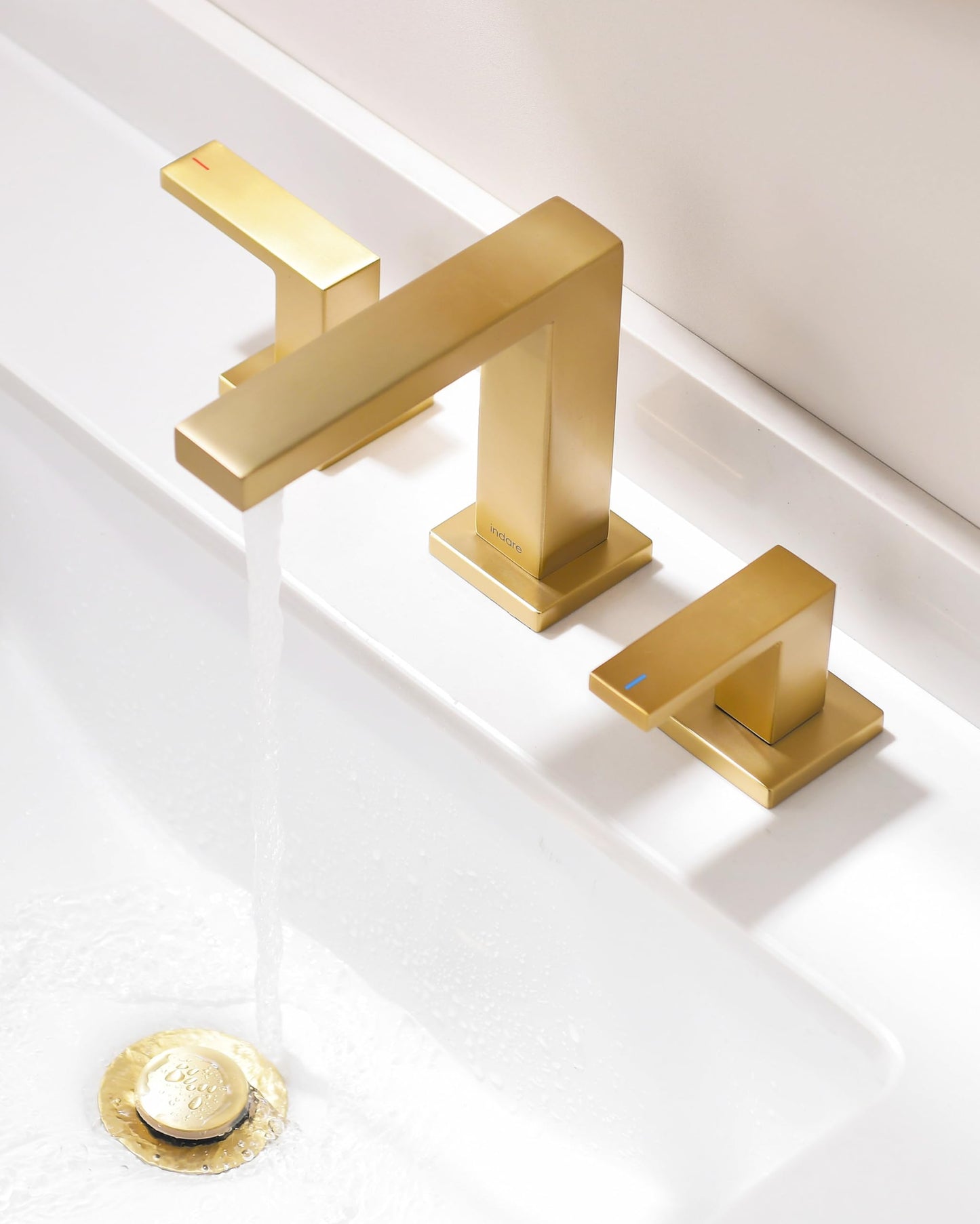 Indare Brushed Gold Bathroom Faucets， Vanity Faucets for Sink 3 Hole ，Two Handles Widespread 4 Inch 8 Inch Brass Bathroom Sink Faucet with Pop Up Drain and Cupc Lead-Free Hose