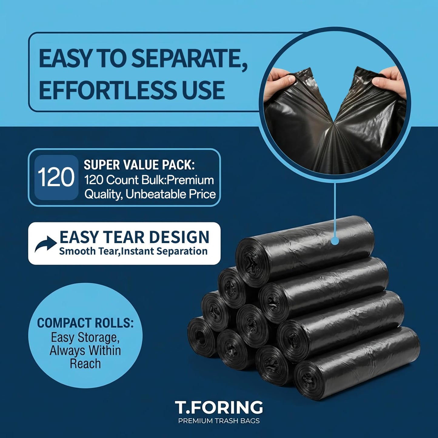T.FORING 55-60 Gallon Black Trash Bags 120 Count - 40''x53'' Extra Large 50+ Gallon Garbage Bags,Unscented Strong Huge Can Liners for Construction Industrial Yard Outdoor Commercial