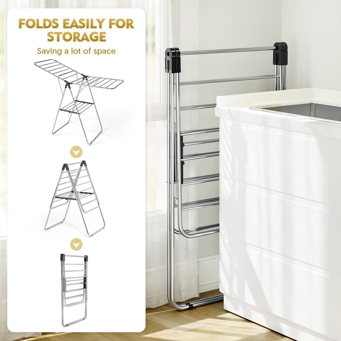 APEXCHASER Clothes Drying Rack, Drying Rack Clothing with Height-Adjustable, Foldable Gullwings Laundry Rack, Indoor Outdoor Use, No Assembly,Black