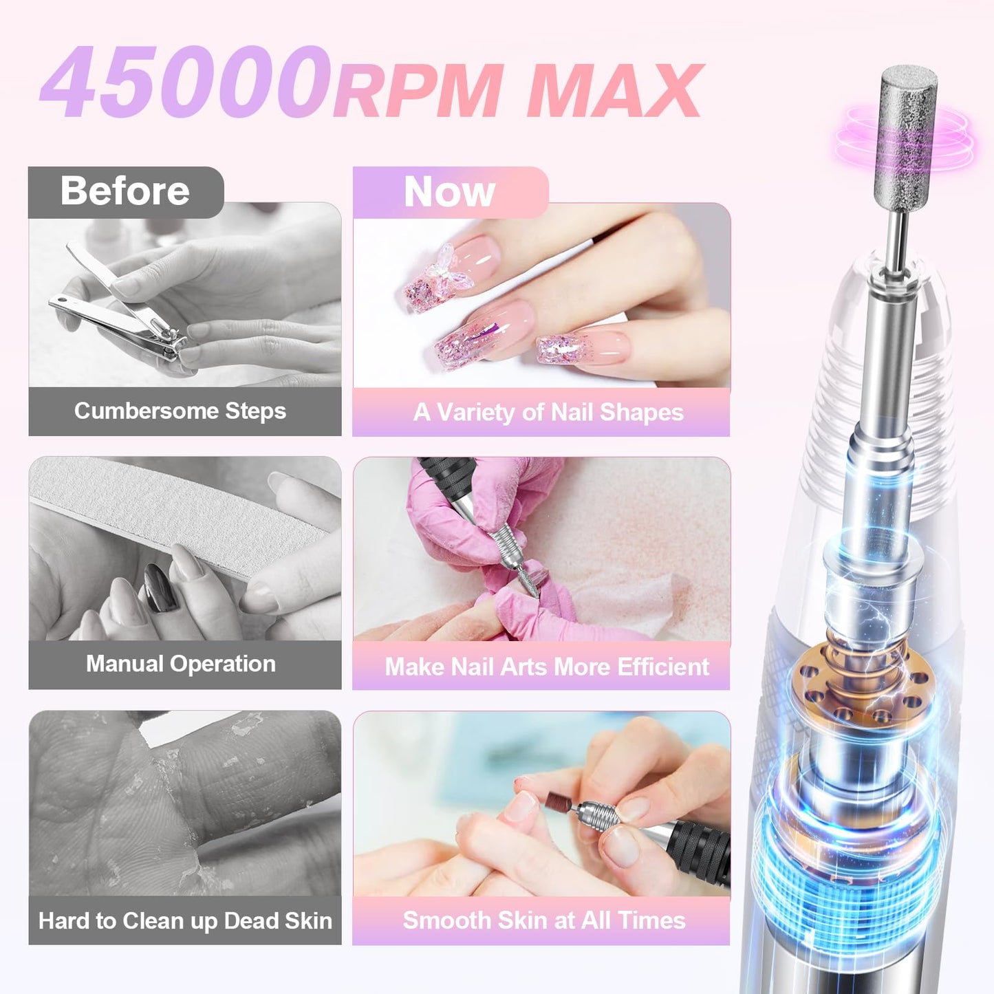 Beloving Portable Nail Drill Professional, 45000RPM Rechargeable Nail Drill Electric File Machine for Acrylic Gel Polish Remover, Cordless Nail Kit for Manicure Pedicure with 11 Bits for Salon Home
