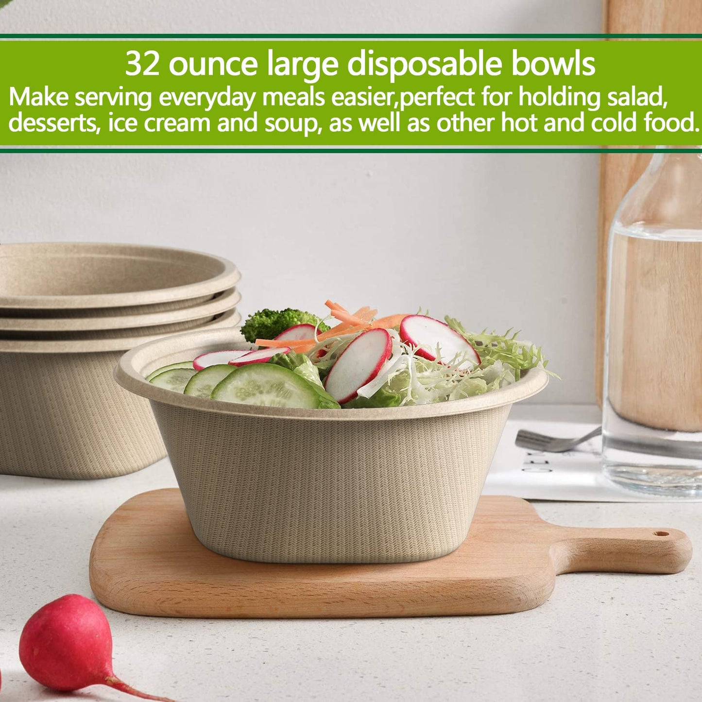 32 Ounce Large Paper Bowls Disposable Soup Bowl Disposable Heavy Duty Compostable Bowls, Eco-friendly Sugarcane and Bamboo Bagasse Biodegradable Bowl for Soup, Salad, Dessert, Ice Cream [100 Pack]