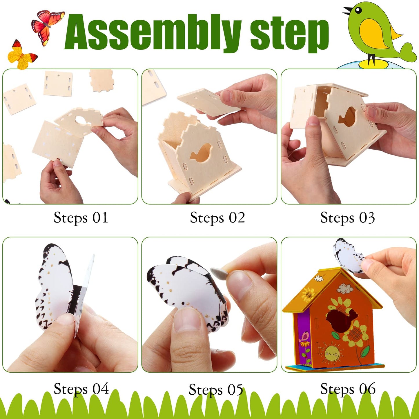 Kisston 120 Pcs Wooden Birdhouse Kits for Kids to Build and Paint DIY Bird Houses for Children Bird House Crafts in 6 Shapes and Stereoscopic Butterfly Sticker for Art Project Crafts Class Party