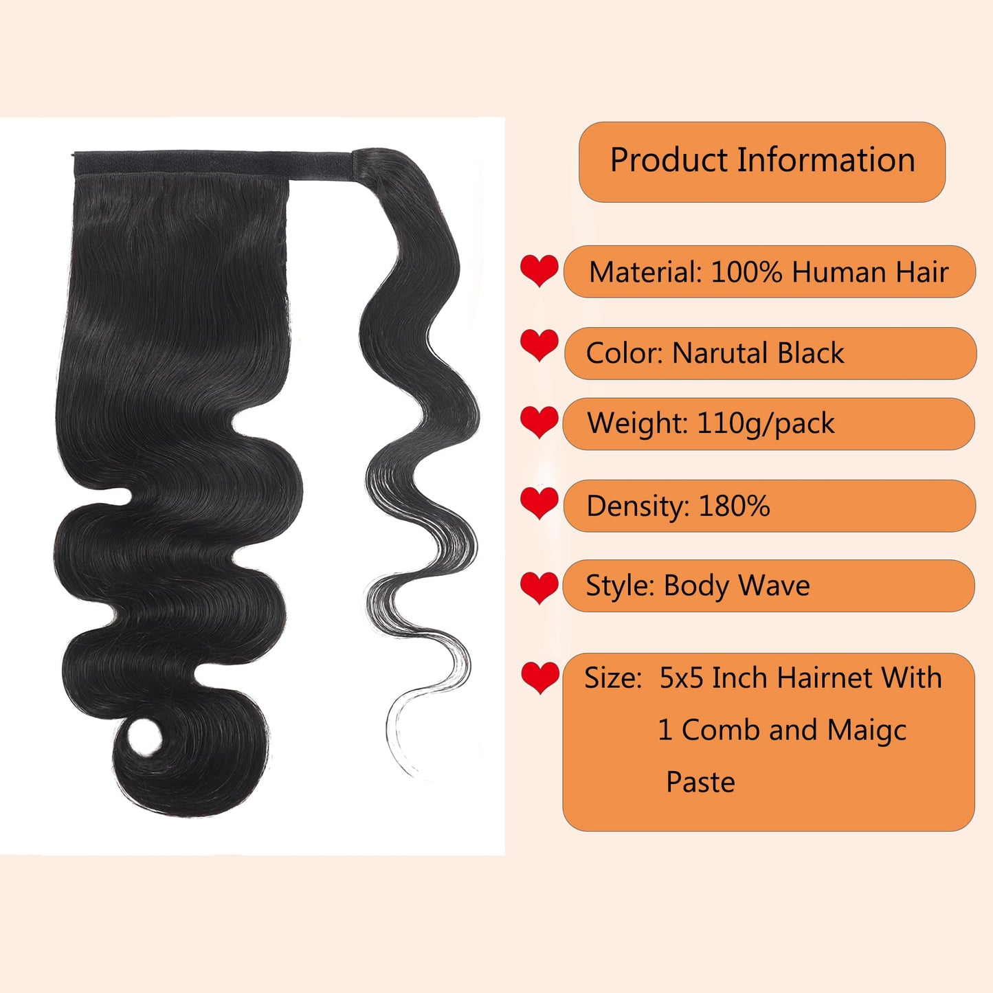 Human Hair Body Wave Ponytail with Magic Paste Warp Around Curly Human Hair Ponytail for Black Women 150% Density Natural Black Human Hair Ponytail Extension (22 Inch, Black Body Wave Ponytail)