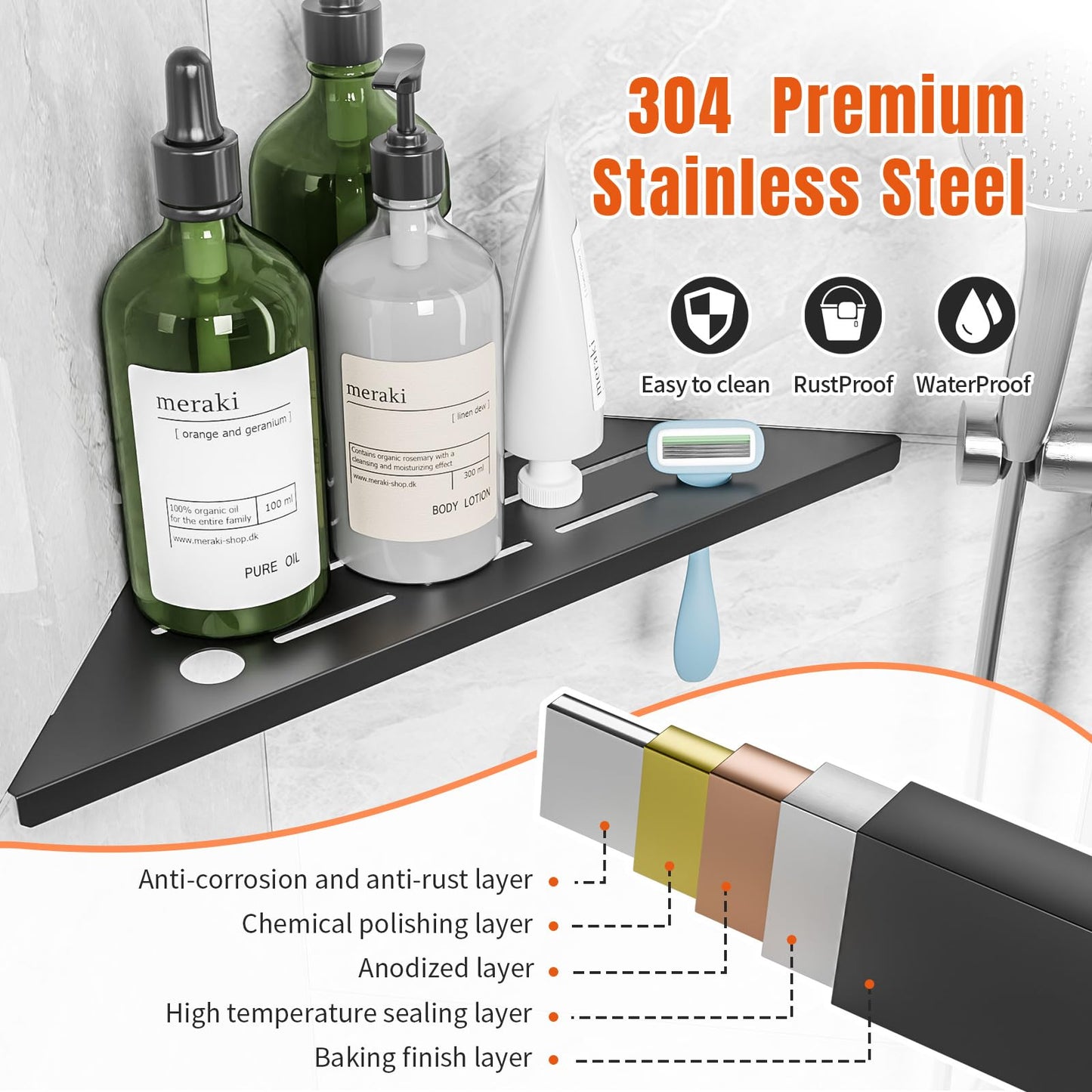 HBXS Corner Shower Shelves with Razor Hole, Modern Sturdy Shower Shelves Corner, 10" 304 Stainless Steel Shower Organizers Corner Shelf for Tile Wall, No Drilling Grout Mount Bathroom Shelf
