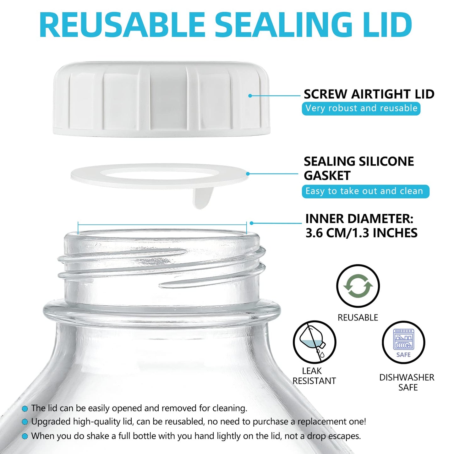 1/2 Gal Glass Milk Bottle with Airtight Screw Lid - Glass Pitchers with 8 Handle and 8 Lids, 64 Oz Heavy Duty Glass Milk Jug Pitcher with 2 Exact Scale Lines for Juicing Water Bottles
