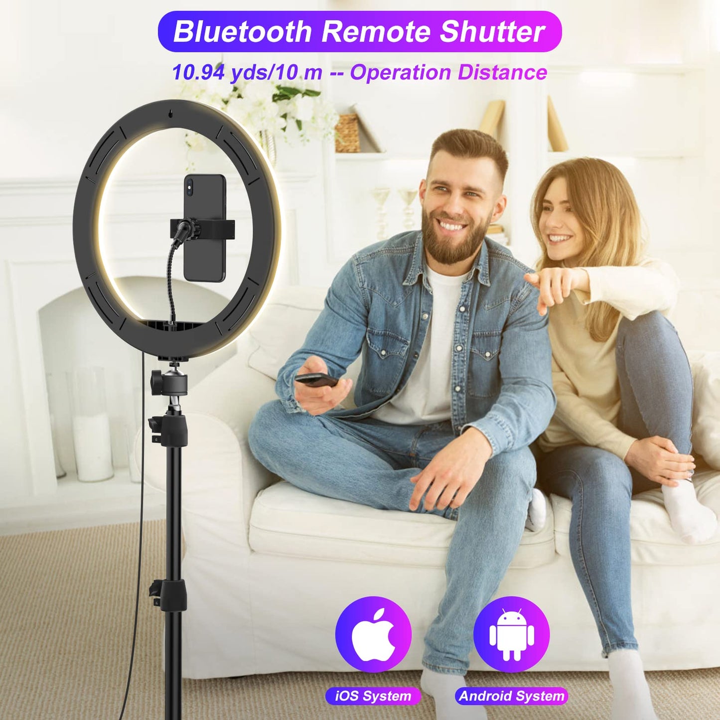 STALLY 13.3" Ring Light with Stand, Music Mode, 75" Tall with 3 Phone Holder, 3 CCT Modes & 48 RGB Color Modes, Ring Light Tripod for iPhone with Wireless Remote, Great for Photograph/Makeup/TikTok