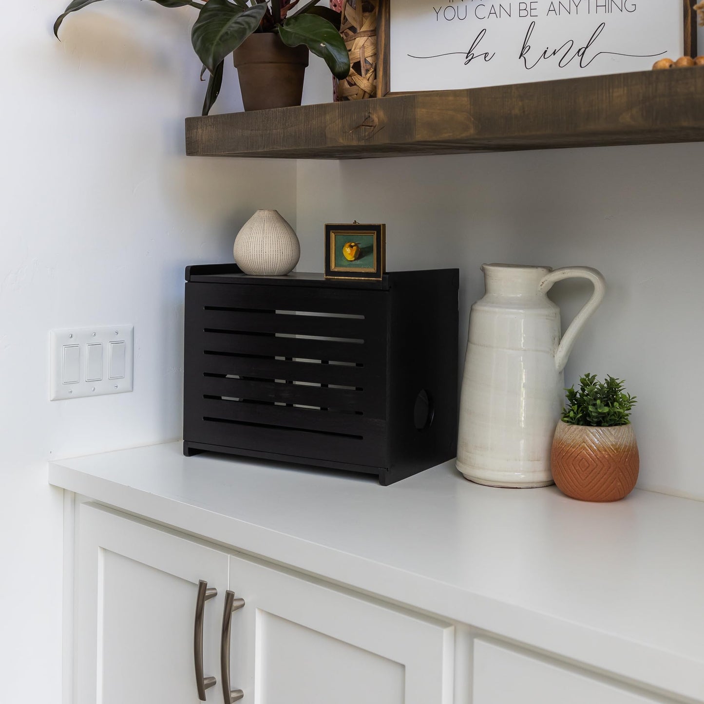 Wooden WiFi Router Storage Box - Deluxe Wall Mountable Decorative Modem Shelf Hider Cover with Cable Management System - Rustic Home Organization Solution for Most Routers Up to 11" Tall - Black
