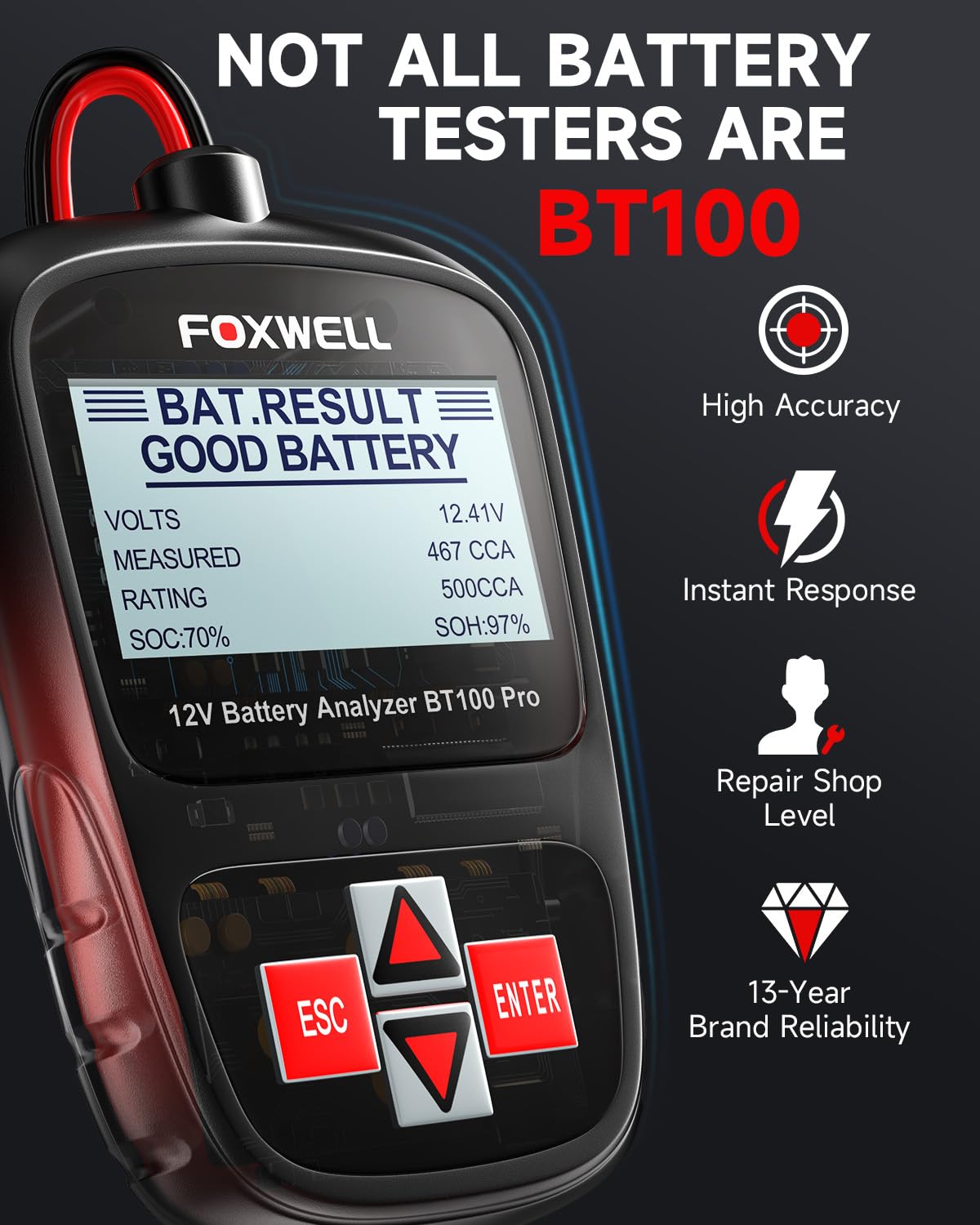 FOXWELL BT100 Pro 12V Car Battery Tester, Battery Load Tester, 100-1100CCA Automotive Alternator Tester Digital Auto Battery Analyzer for Car Truck Motorcycle SUV, Boat, Marine, RV & Pickup