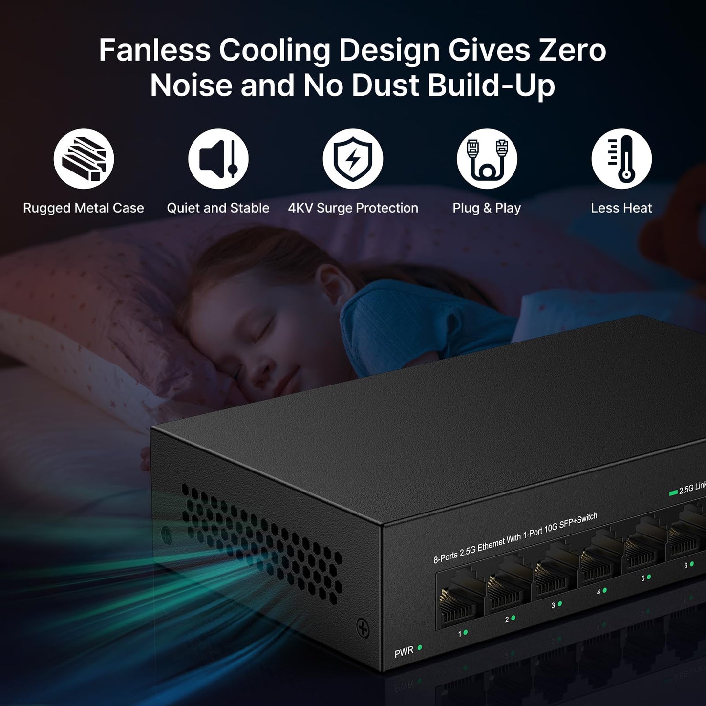 Real HD 8 Port 2.5G Ethernet Switch Unmanaged Network Switch with 8 x 2.5 Gigabit | 1 x 10G SFP+ | Work with 10-100-1000Mbps Devices | 60G Bandwidth | Plug & Play | Fanless Quiet Metal Internet Switch