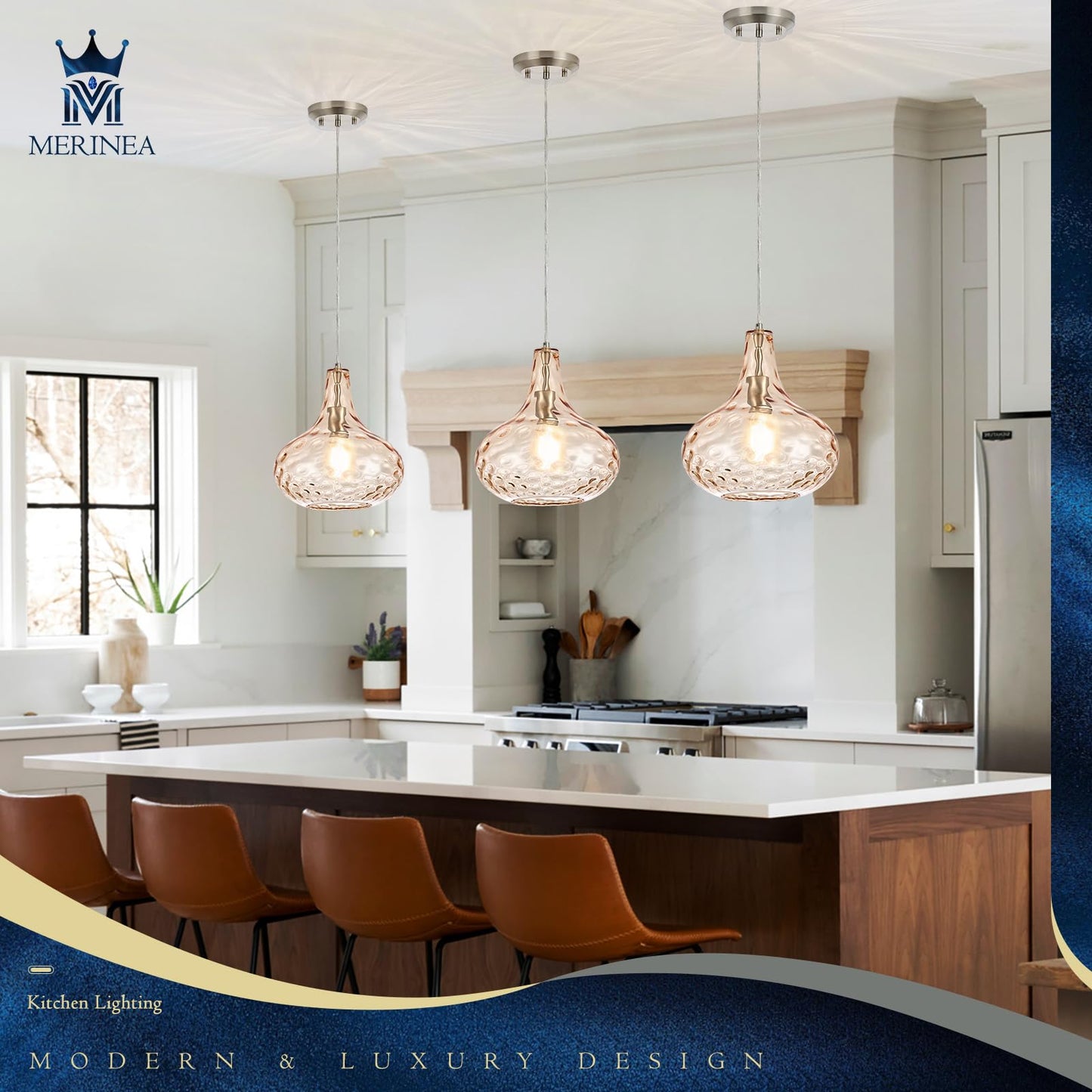 MERINEA 11" Amber Hammered Glass Pendant Light – Brushed Nickel Finish, Adjustable Hanging Cord, Modern Farmhouse Ceiling Light for Kitchen Island, Dining Room, Hallway