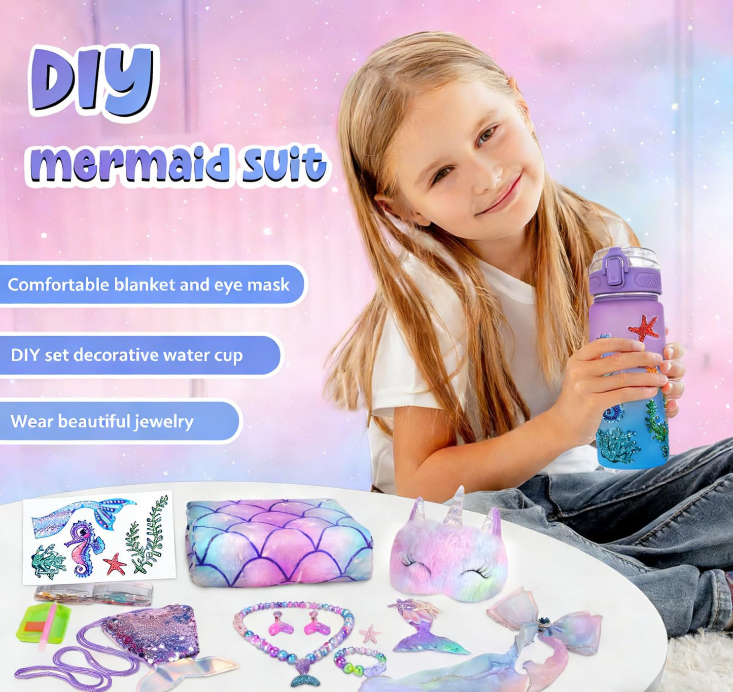 Mermaid Tail Blanket for Girls Valentines Easter Birthday Girl Gifts Diamond Art Kits with Soft Blanket and Water Bottle