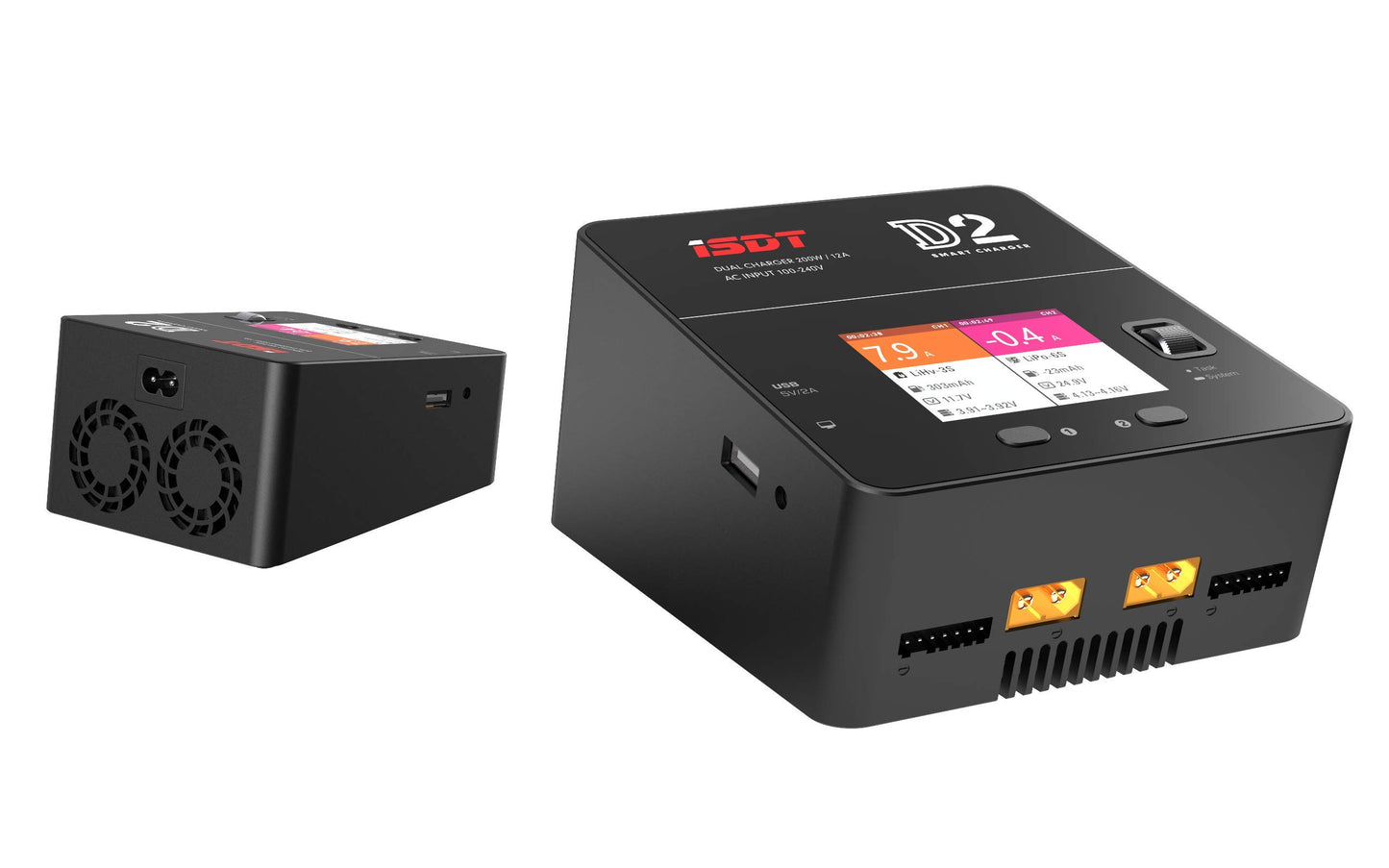ISDT D2 Mark 2 LiPo Battery Balance Charger Duo Discharger Dual 200W 12A2 AC Dual Channel Output 1-6S Li-ion Life NiCd NiMH LiHV PB Smart Battery
