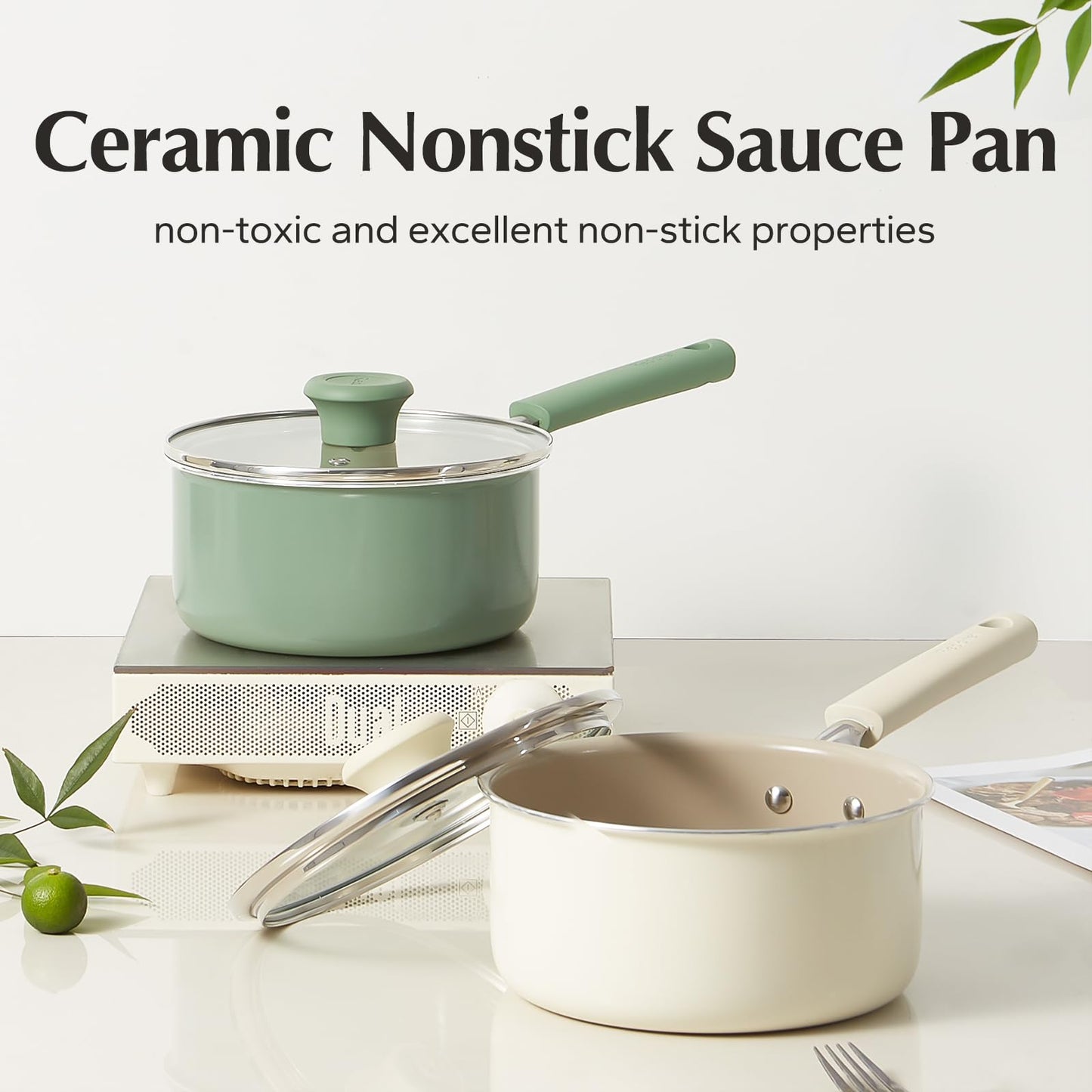 Redchef Ceramic Nonstick Saucepan with Lid, 1.5QT Small Cooking Pot, Non Toxic Sauce Pans for Kitchen, Cool Handle PFAS Free Compatible with All Cooktops, White