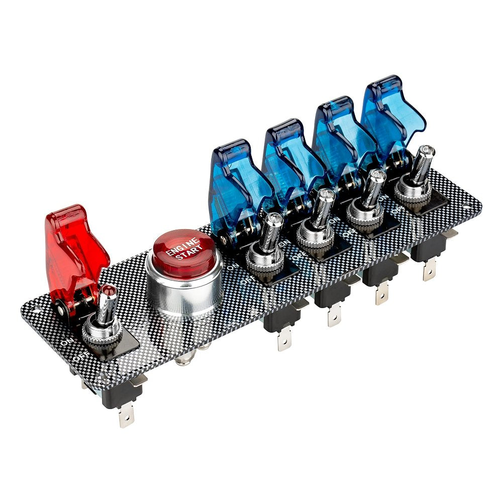 Jtron dc12v flip-up Ignition Switch Panel,5 in 1 car Engine Start Push Button led Toggle Switch Panel for Racing Sport Competitive car (4 Blue 1 Red)