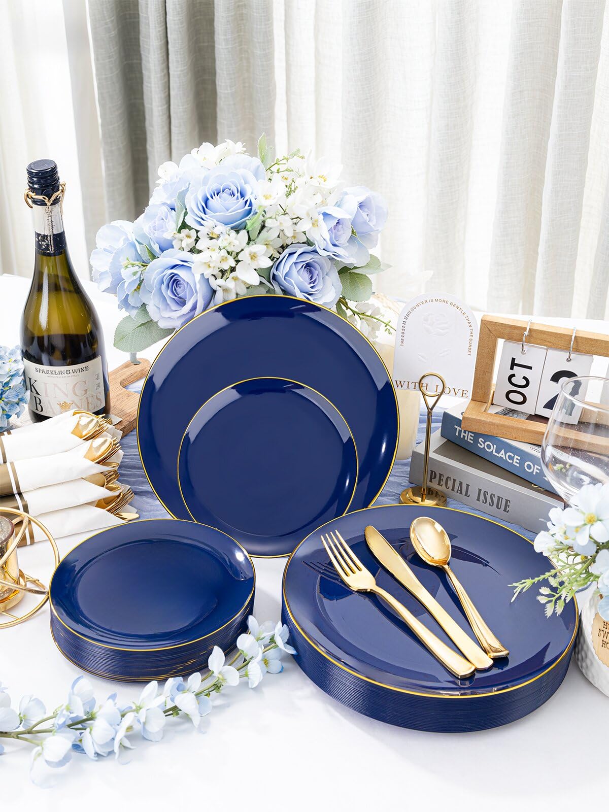WDF 300PCS Navy Blue Plates Disposable - Blue Plastic Plates 50guest Heavy Duty Plastic Dinnerware Sets for Party/Wedding/Birthday/Graduation