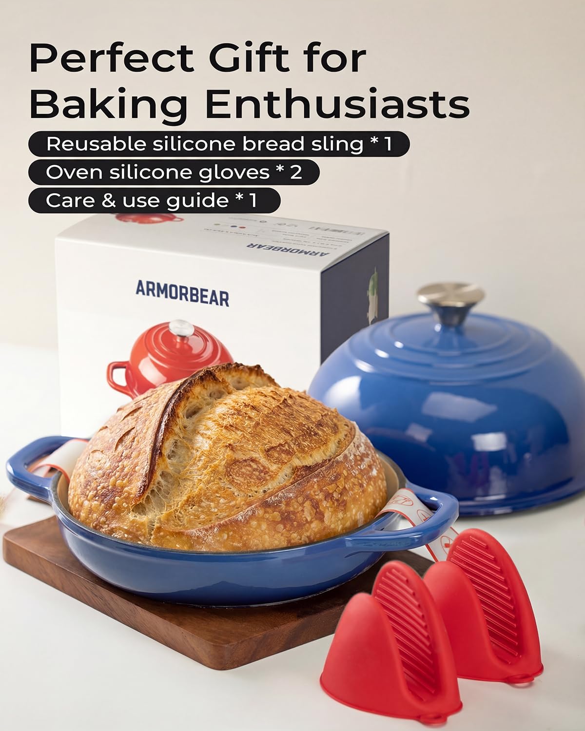 Armorbear Dutch Oven for Bread Baking-5QT Cast Iron Sourdough Dutch Oven Pot with Lid, Enameled Round Cast Iron Bread Pot with Dome Lid for Homemade, Gifts for Sourdough Bakers, Blue