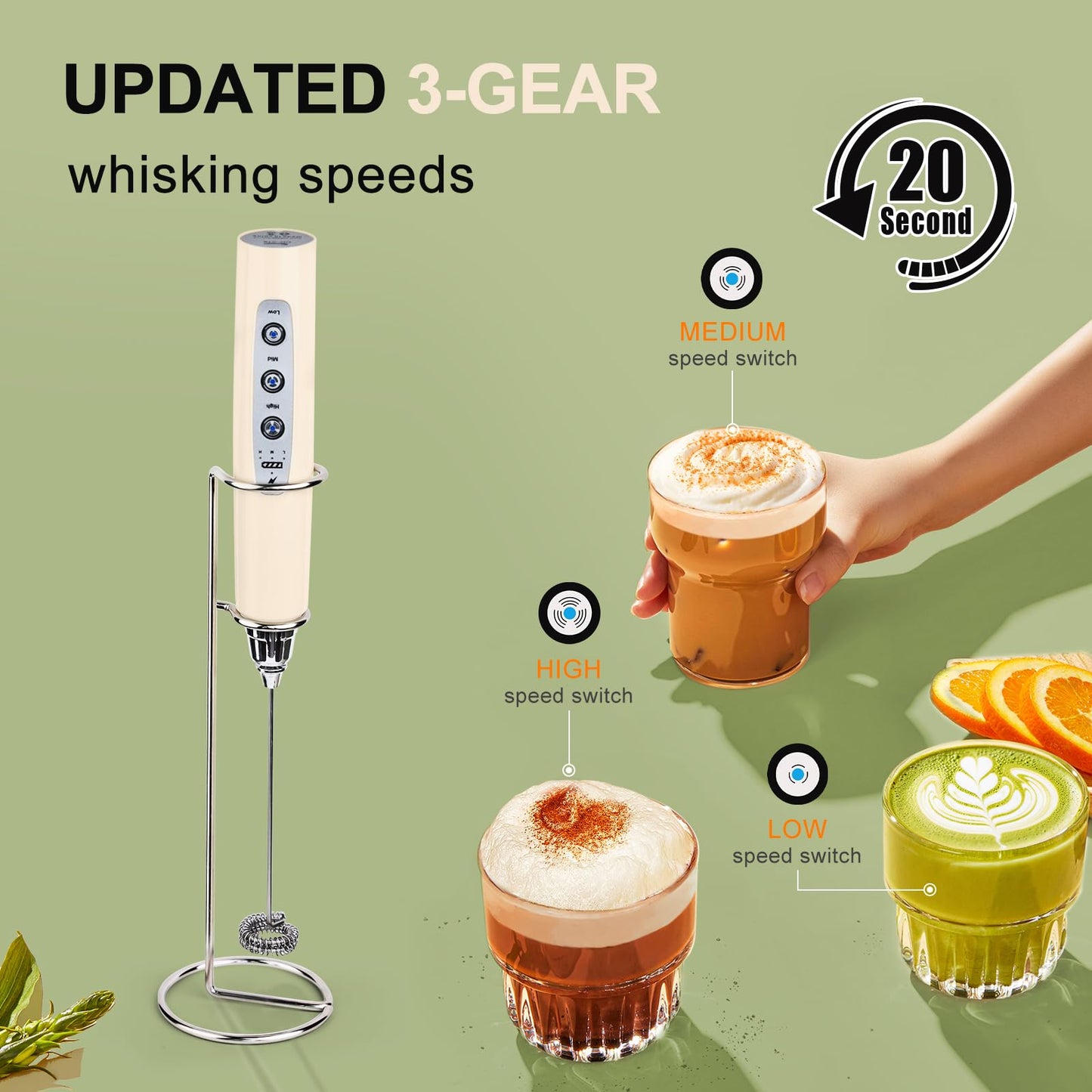 YUSWKO Beige Handheld Milk Frother Wand with Stand for Coffee, Rechargeable Electric Whisk with 3 Heads 3 Speeds Drink Mixer Coffee Frother For Latte, Cappuccino, Hot Chocolate, Egg