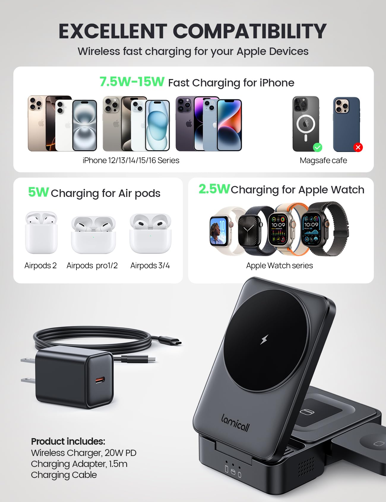 Lamicall 3 in 1 Charging Station for Apple - Foldable Wireless Charger Stand for MagSafe Portable, Travel Wireless Charger Station for Multiple Devices for iPhone 16, 15, 14, 13, Apple Watch, AirPods