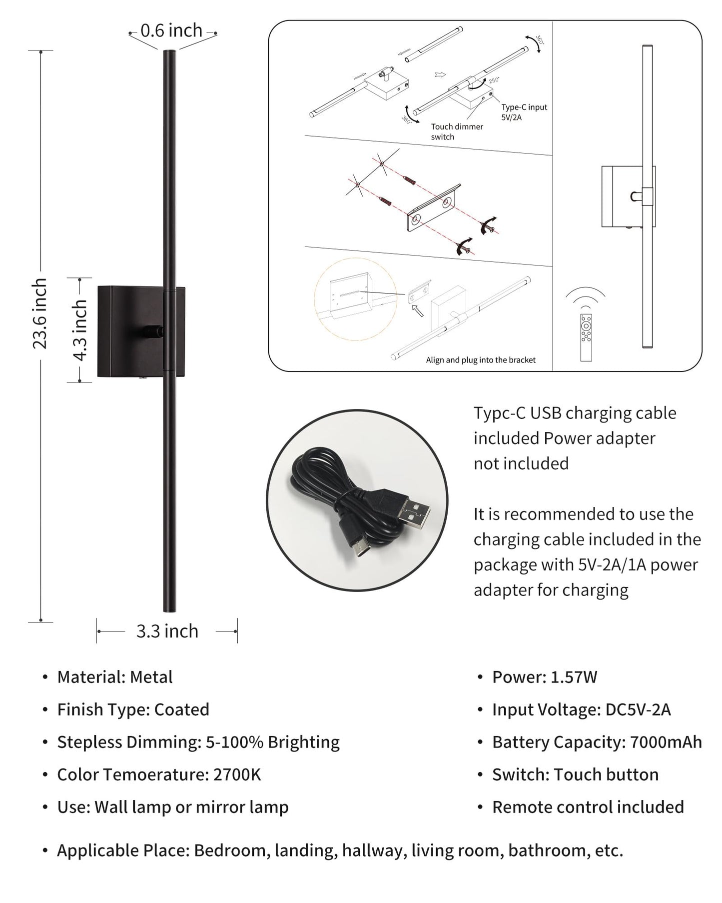 KDG Cordless Wall Sconces Set of 2, Wireless 5200mAh Rechargeable Battery Operated LED Wall Lamps with Remote, 360° Rotate Lightings for Wall Painting, Bedroom, Hallway, Night Light 23.6 inch (Black)