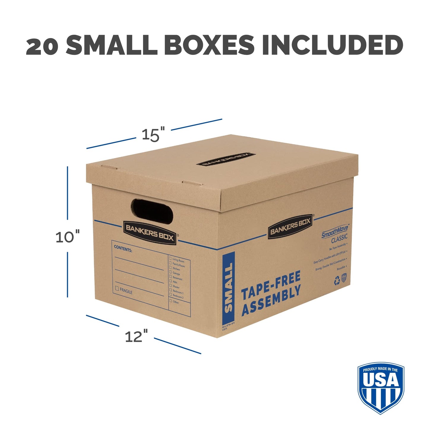 Bankers Box Small Classic Moving Box 20 Pack, Reinforced Handles, Tape-Free Assembly, Box with Lid, 15" x 12" x 10", Cardboard
