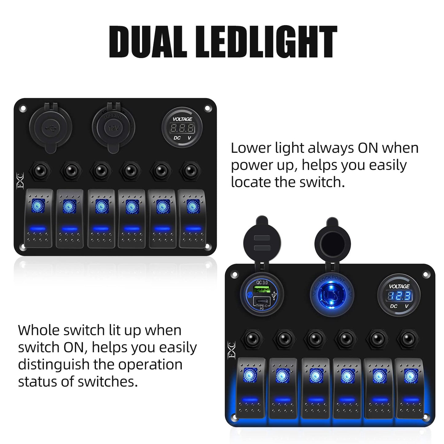 FXC Waterproof Marine Boat Blue Rocker Switch Panel 6 Gang with USB & Type-C Charger Slot Socket + Cigarette Lighter +LED Voltmeter with Overload Protection Circuit Breaker for Car Rv Vehicles Truck
