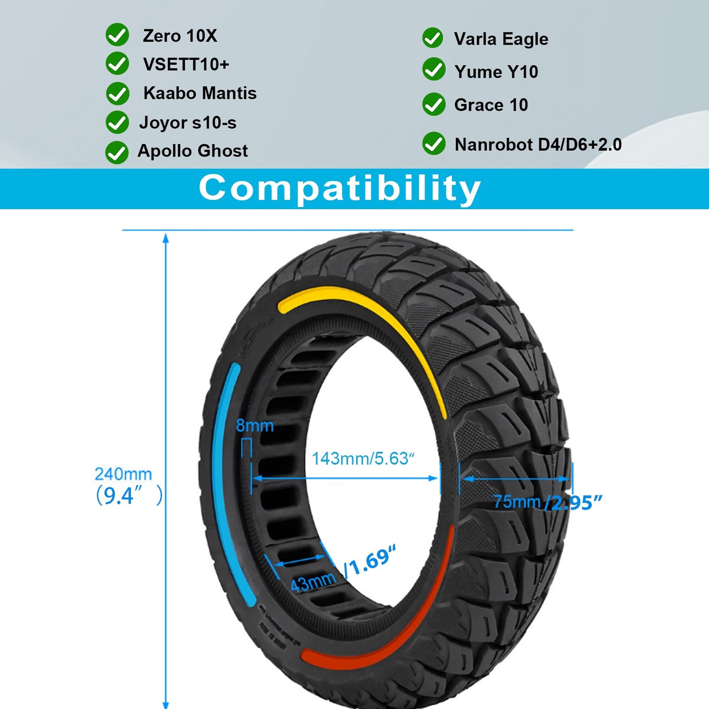 10x3 InchElectric Scooter Solid Tire, 80/65-6 commuter Tubeless Tyre, 255x80 Replacement wheel For Zero 10X& Vsett 10+& Kaabo Mantis& & Nanrobot D4/D6+2.0&Joyor s10-s& Apollo Ghost& Yume Y10（1PCS)