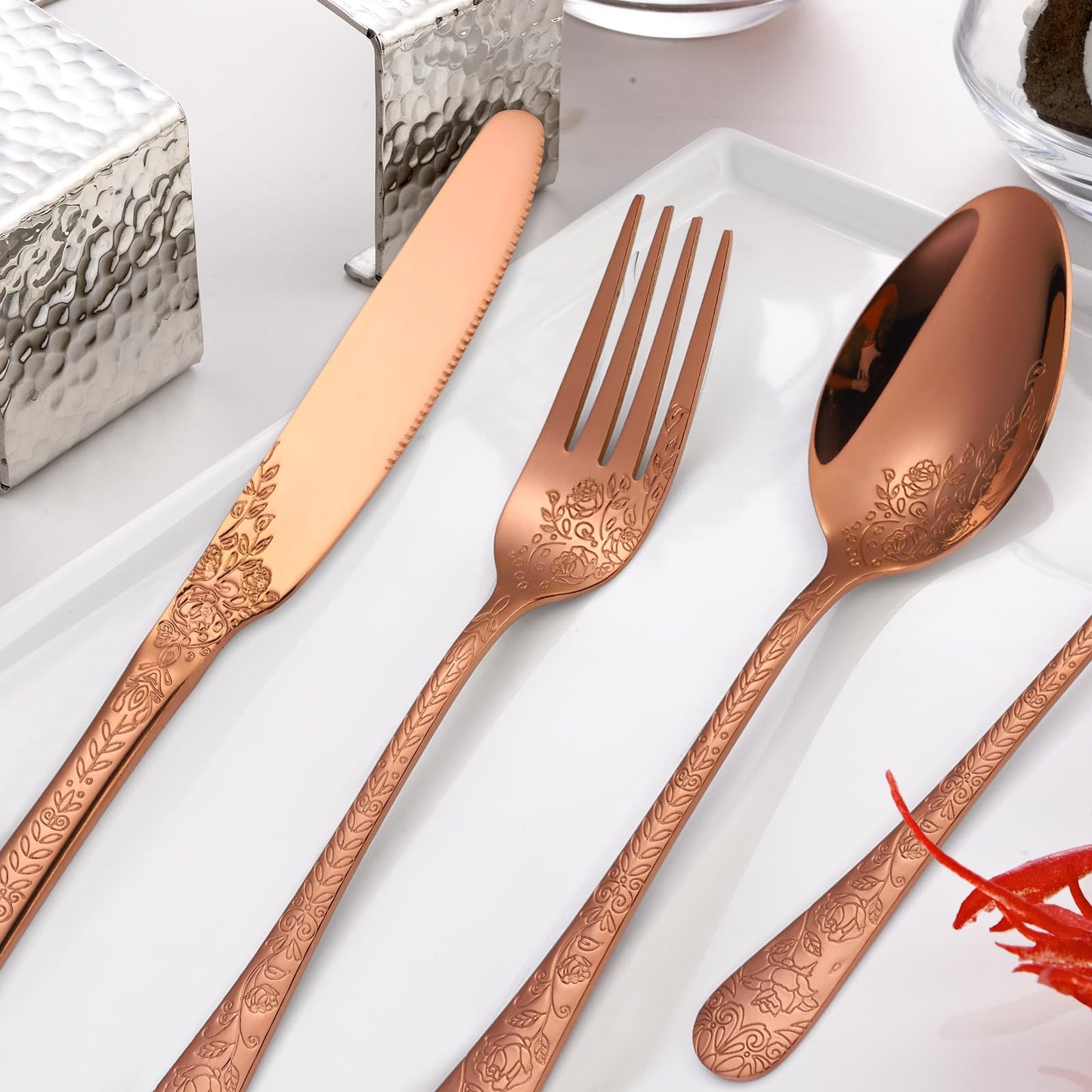 A · HOUSEWARE Vintage Flatware Copper/Rose Gold Floral Silverware 30 Piece Stainless Steel Set for 6 Cutlery Utensils Unique Embossed Pattern Design Elegant Home Kitchen Restaurant Festival Parties…