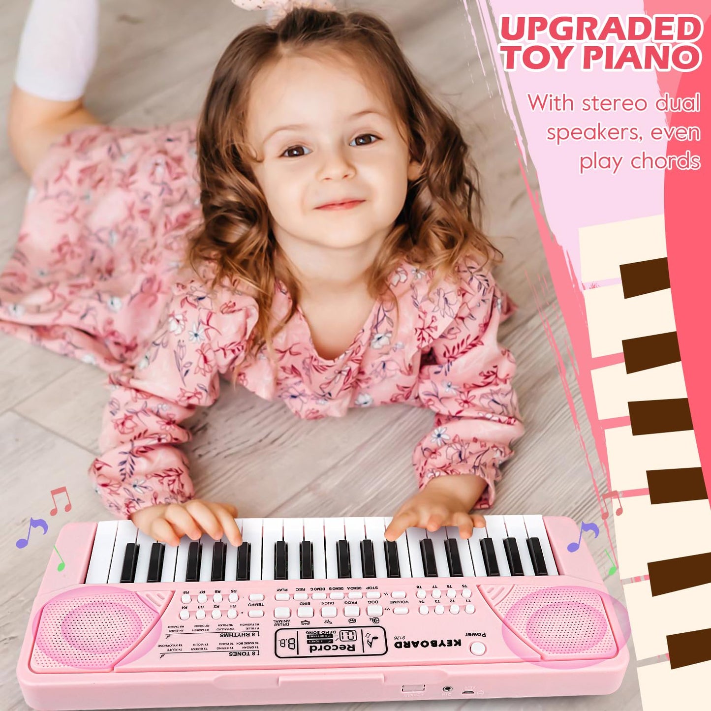 M SANMERSEN Kids Piano Keyboard with Microphone 37 Keys Portable Electronic Keyboards for Beginners Musical Toy for 3/4/5/6/7 Year Old Girls Boys, Pink