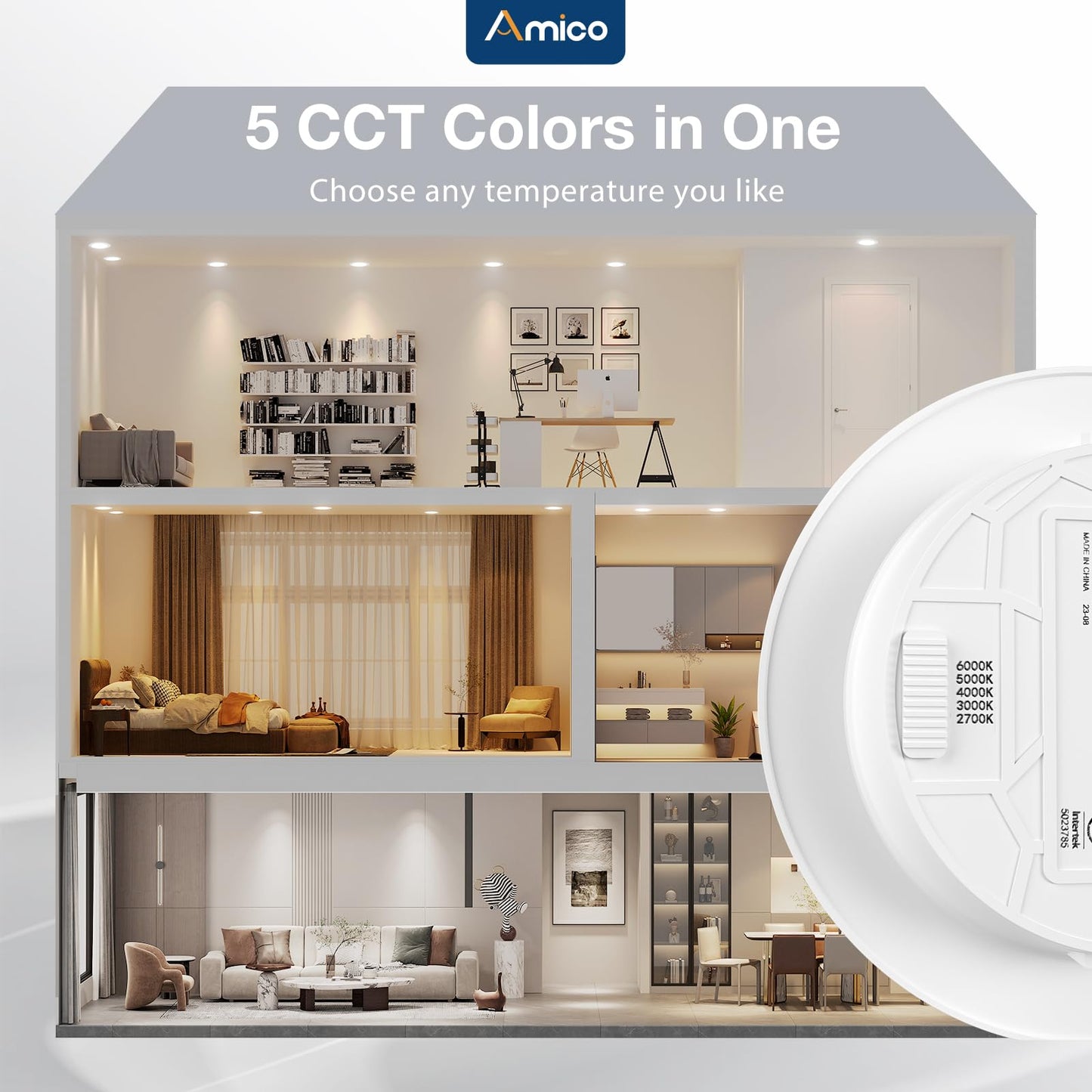 Amico Recessed Lighting 5/6 Inch, 24 Pack 5CCT Flat LED Can Lights, 2700K/3000K/4000K/5000K/6000K Selectable,12W Eqv 120W, 1050LM Brightness, Retrofit Installation - ETL & FCC