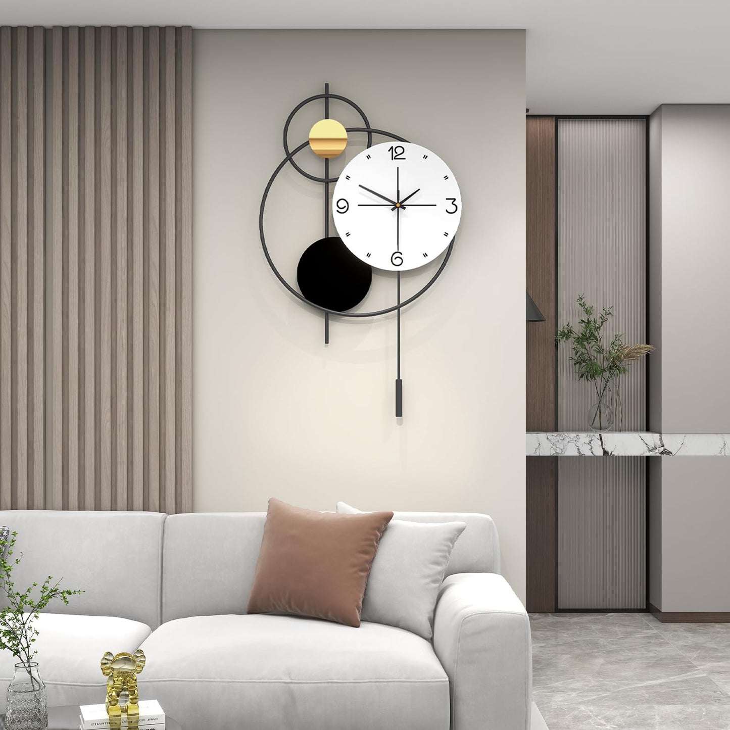 JUJUDA Large Modern Wall Clock for Living Room Decor 24 Inch Big Decorative Black Metal Wall Clock with Pendulum for Home Bedroom Kitchen Office Battery Operated Non Ticking Decoration Clocks Wall