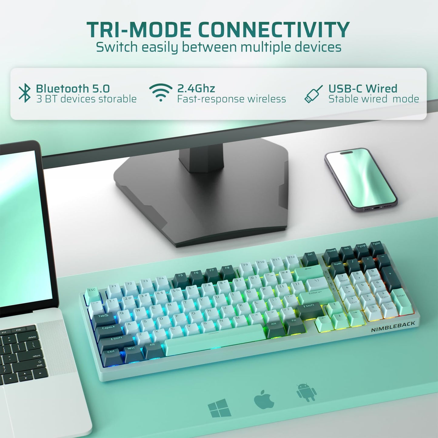 LTC Nimbleback NB981 95% Wireless Mechanical Keyboard, 2.4G/ BT/USB-C Wired RGB 98 Keys Gaming Keyboard, 3-Layer Dampener, Hot Swap PCB, Software Support, Custom Linear Switch