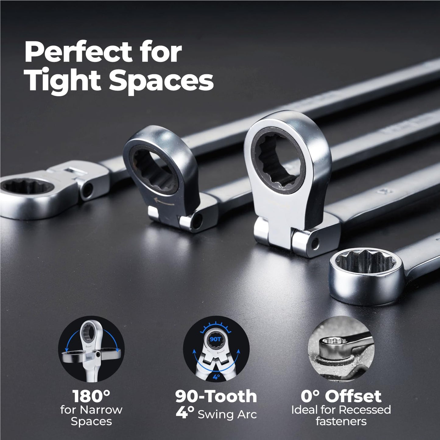 toolant Extra Long Ratcheting Wrench Set, Flex Head & Fixed Offset Head Double Box End Combination Wrench Set, CR-V Steel, Metric 8-19mm, 12PCS with Storage Tray