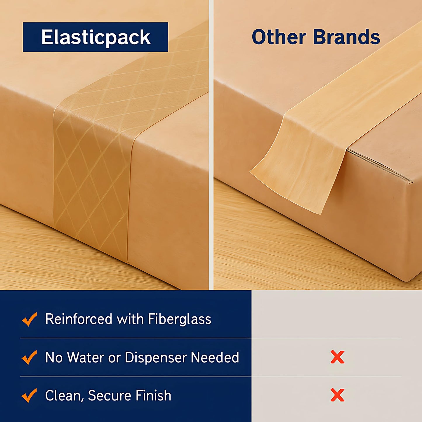 Elasticpack Heavy-Duty Packing Tape 4-Pack – Reinforced Brown Kraft Paper Tape with Fiberglass Filament, Self-Sticking, No Water Needed, Strong Hold for Heavy Box Shipping, 1.88" x 55 yd