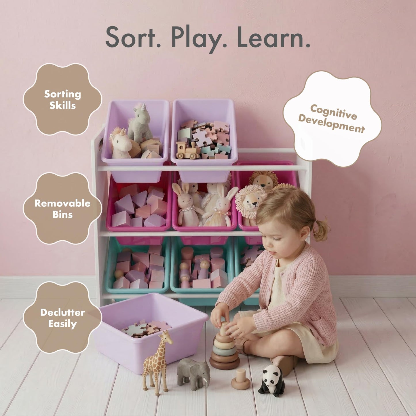 Humble Crew Toy Storage Organizer with 9 Removable Storage Bins for Kids Playroom, 3-Tier Toddler Toy Organization and Storage, White/Pink/Purple/Aqua