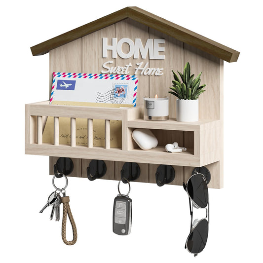 FERAHI Key and Mail Holder for Wall, Wall Key Holder with Shelf, Key Rack Wall Mount, Wood Key Holder Wall Mount, Mail Organizer Wall Mounted, Entryway & Front Door Key Holder with 5 Hooks(White)