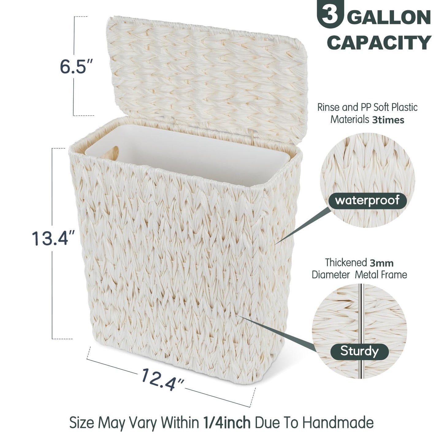 Coeusy Wicker Trash Can with Lid and Liner,Boho Decotative Small Bathroom Trash Cans,Waterproof Slim Waste Basket for Bedroom,Home Office,3 Gallon Cream White