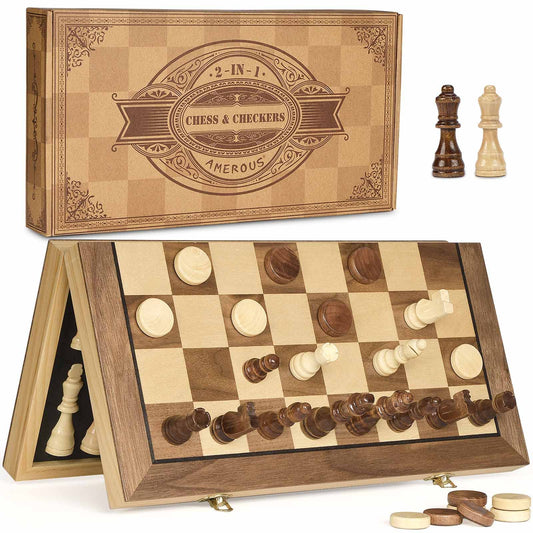 AMEROUS 15'' Magnetic Wooden Chess & Checkers Game Set -2 Extra Queens -24 Cherkers Pieces - Chessmen Storage Slots, Beginner Chess Set for Kids and Adults, Classic 2 in 1 Board Games